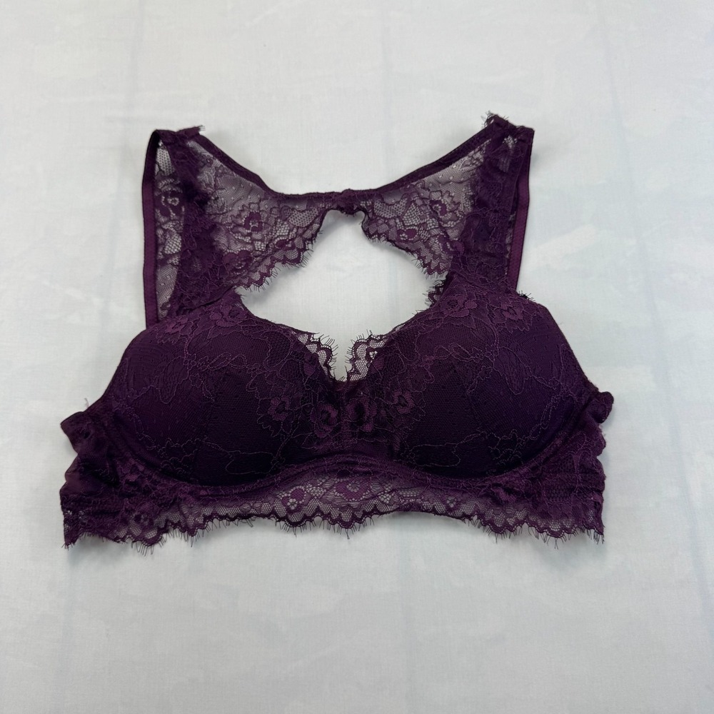 Mae Bralette Push-Up Bra Womens Large Purple Racerback Padded Scalloped Lace
